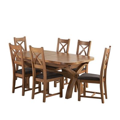 Hercules Rustic Oak Extending Dining Table + 6 Cross Back Rustic Oak Chairs with Plain Charcoal Fabric Seat