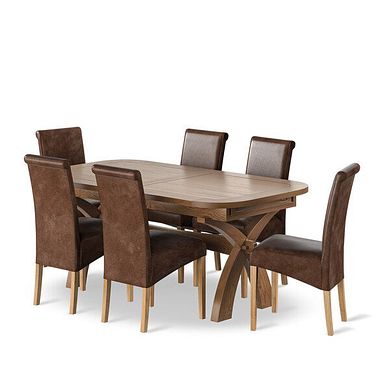 Hercules Rustic Oak Extending Dining Table + 6 Scroll Back Chairs in Vintage Brown Leather Look Fabric with Oak Legs