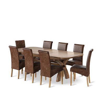 Hercules Rustic Oak Extending Dining Table + 8 Scroll Back Chairs in Vintage Brown Leather Look Fabric with Oak Legs