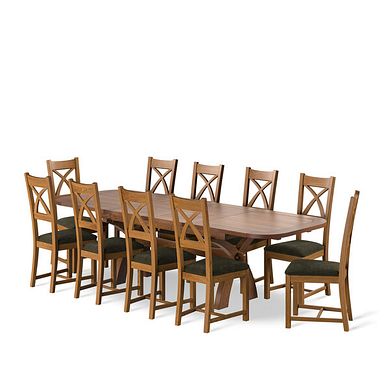Hercules Rustic Oak Extending Dining Table And 10 Cross Backs In Verona Green
