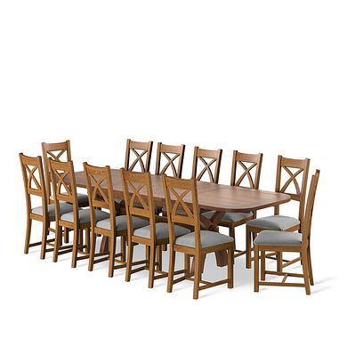 Hercules Rustic Oak Extending Dining Table And12 Cross Backs In Verona Grey 