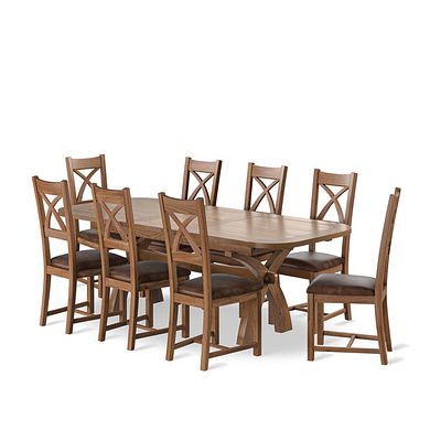 Hercules Rustic Oak Extending Dining Table + 8 Cross Back Rustic Oak Chairs with Vintage Brown