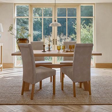 Highworth Natural Solid Oak Dining Table + 4 Scroll Back Chairs in Dappled Beige Fabric