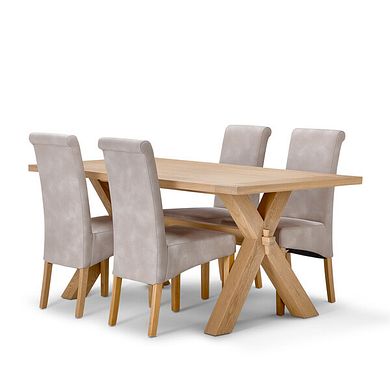 Highworth Natural Solid Oak Dining Table + 4 Scroll Back Chairs in Dappled Beige Fabric