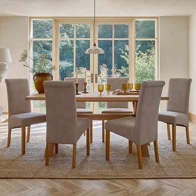 Highworth Natural Solid Oak Dining Table + 6 Scroll Back Chairs in Dappled Beige Fabric