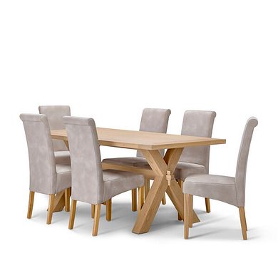 Highworth Natural Solid Oak Dining Table + 6 Scroll Back Chairs in Dappled Beige Fabric