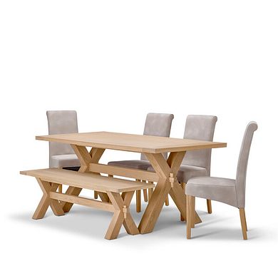 Highworth Natural Solid Oak Dining Table And 4 Scroll Back Chairs in Dappled Beige and 1 Highworth Bench