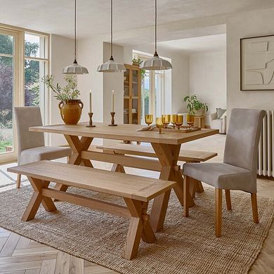 Highworth Natural Solid Oak Dining Table with 2 Highworth benches and 2 Scroll Back Chairs in Dapple Beige