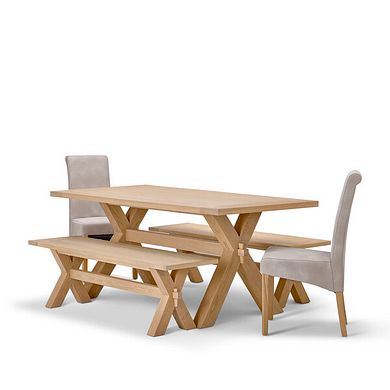 Highworth Natural Solid Oak Dining Table with 2 Highworth benches and 2 Scroll Back Chairs in Dapple Beige