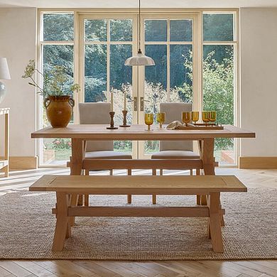 Highworth Natural Solid Oak Dining Table with 2 Scroll Back Chairs in Dappled Beige and 1 Highworth Bench 