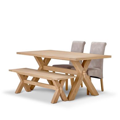 Highworth Natural Solid Oak Dining Table with 2 Scroll Back Chairs in Dappled Beige and 1 Highworth Bench 