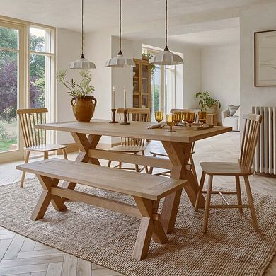 Highworth Natural Solid Oak Dining Table with 4 Kingham Chairs and 1 Highworth Bench