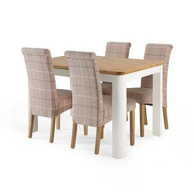 Hove Natural Oak and Painted 4ft 3 Extending Dining Table + 4 Scroll Back Chair in Checked Beige Fabric with Oak Legs
