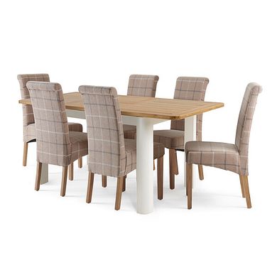 Hove Natural Oak and Painted 4ft 3 Extending Dining Table + 6 Scroll Back Chair in Checked Beige Fabric with Oak Legs