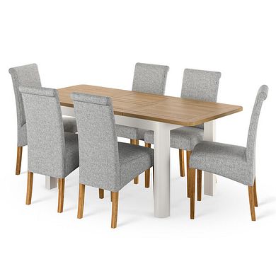 Hove Natural Oak and Painted Extending Dining Table and 6 Scroll Back Chair in Conway Grey Fabric