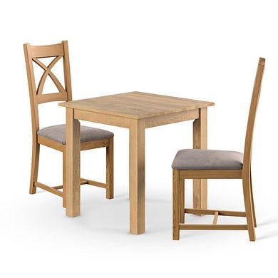 Hudson Natural Solid Oak 2ft 6" x 2ft 6" Square Dining Table + 2 Cross Back Natural Solid Oak Chair with Dappled Silver Fabric Seat
