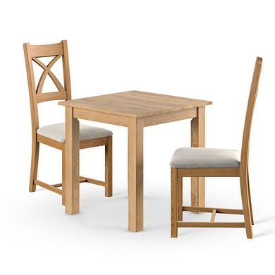 Hudson Natural Solid Oak 2ft 6 x 2ft 6 Square Dining Table + 2 Cross Back Natural Solid Oak Chair with Verona Cream Fabric Seat