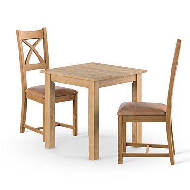 Hudson Natural Solid Oak 2ft 6 x 2ft 6 Square Dining Table + 2 Cross Back Natural Solid Oak Chair with Vintage Tan Leather Look Fabric Seat