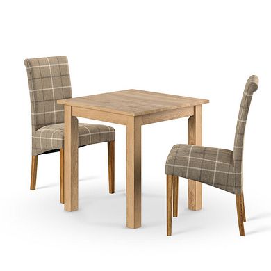 Hudson Natural Solid Oak 2ft 6 x 2ft 6 Square Dining Table + 2 Scroll Back Chair in Checked Beige Fabric with Oak Legs