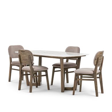 Islington Marble and Dark Acacia Dining Table + 4 Isla Fossil Velvet Dining Chairs