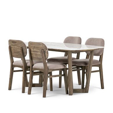 Islington Marble and Dark Acacia Dining Table + 4 Isla Fossil Velvet Dining Chairs