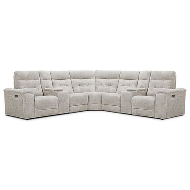 Juno Large Corner Electric Recliner Sofa With Wireless Charging Consoles and Power Headrests in Koto Turtle Dove Fabric