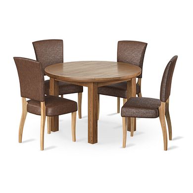 Knightsbridge Rustic Oak Round Extending Dining Table + 4 Curve Back Suede Brown Fabric Chair with Oak Legs