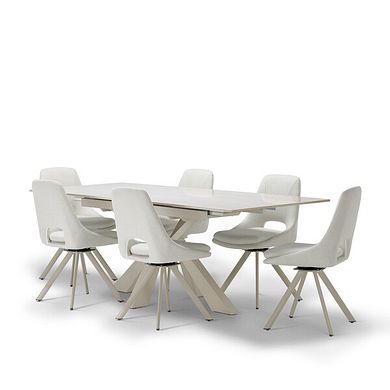 Kobi Ceramic Dining Table with 6 Nico Swivel Dining Chairs in Cream with Cappuccino Metal Legs