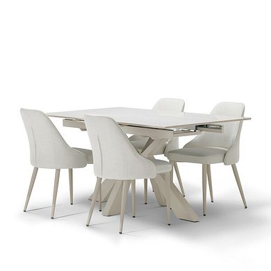 Kobi Ceramic Extendable Dining Table with 4 Aria Dining Chairs in Cream Woven Fabric with Cappuccino Metal Legs