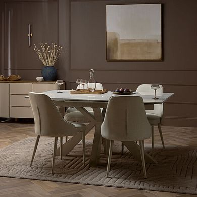 Kobi Ceramic Extendable Dining Table with 4 Aria Dining Chairs in Cream Woven Fabric with Cappuccino Metal Legs