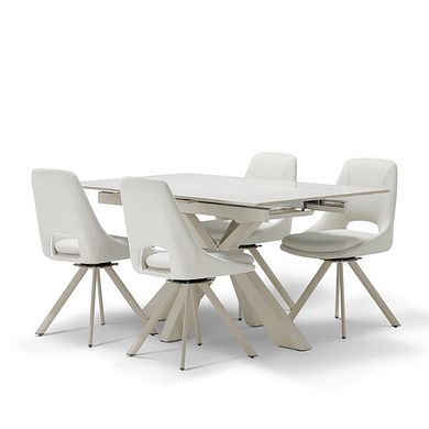 Kobi Ceramic Extendable Dining Table with 4 Nico Swivel Dining Chairs in Cream Woven Fabric with Cappuccino Metal Legs