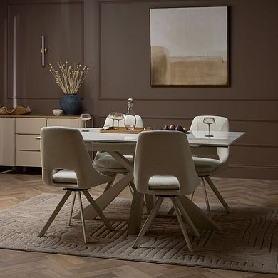 Kobi Ceramic Extendable Dining Table with 4 Nico Swivel Dining Chairs in Cream Woven Fabric with Cappuccino Metal Legs