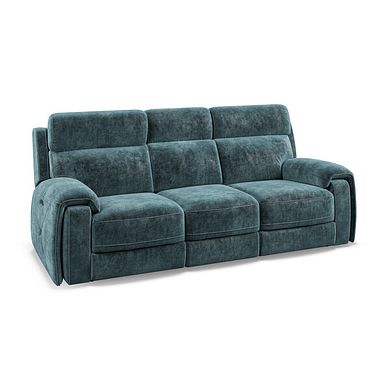 Leo 3 Seater Recliner Sofa with Adjustable Headrests in Descent Blue Fabric