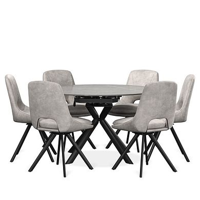 Lucia Ceramic Extending 4-6 Seater Swivel Dining Table in Matt Grey with 6 Nico Chairs in Light Grey