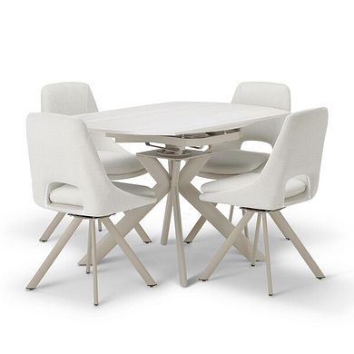 Lucia Ceramic Round Dining Table with 4 Nico Swivel Dining Chairs in Cream with Cappuccino Metal Legs
