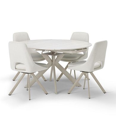 Lucia Ceramic Round Dining Table with 4 Nico Swivel Dining Chairs in Cream with Cappuccino Metal Legs