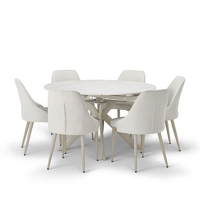 Lucia Ceramic Round Dining Table with 6 Aria Dining Chairs in Cream with Cappuccino Metal Legs