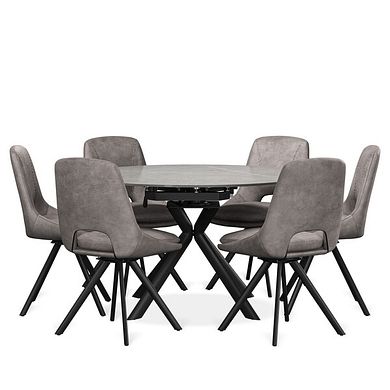 Lucia Ceramic Swivel Extending Round Dining Table in Matt Grey Finish 130cm + 6 Nico Swivel Dining Chair in Dark Grey with Black Metal Legs