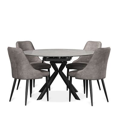 Lucia Ceramic Extending Round Dining Table in Matte Grey Finish 130cm with 4 Aria Dark Grey Chairs