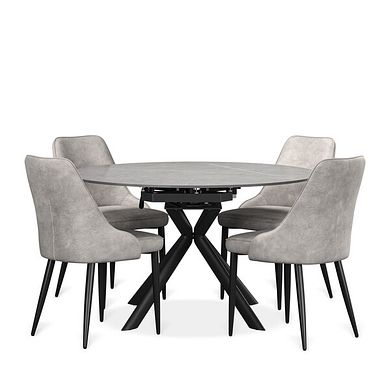 Lucia Ceramic Extending Round Dining Table in Matte Grey Finish 130cm with 4 Aria Light Grey Chairs