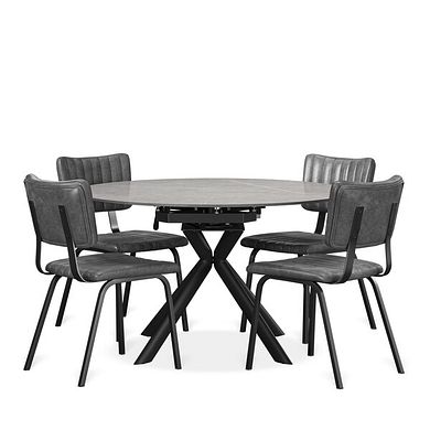 Lucia Ceramic Extending Round Dining Table in Matte Grey with 4 Mason Chairs in Black