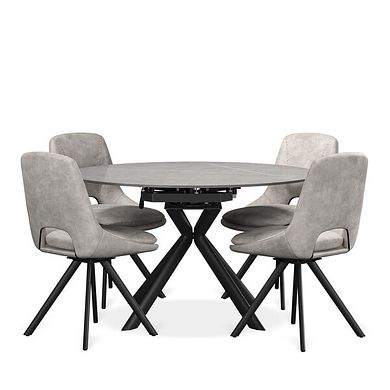 Lucia Ceramic Extending Round Dining Table in Matte Grey Finish 130cm with 4 Nico Light Grey Chairs