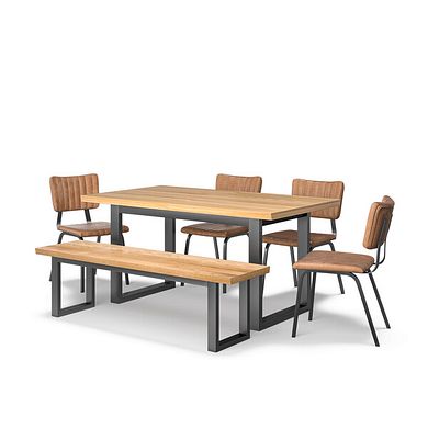 Maine Extending Dining Table 160-220cm + 1 Maine 160cm bench+ 4 Mason Chairs in Vintage Tan Leather-Look fabric with Black Legs