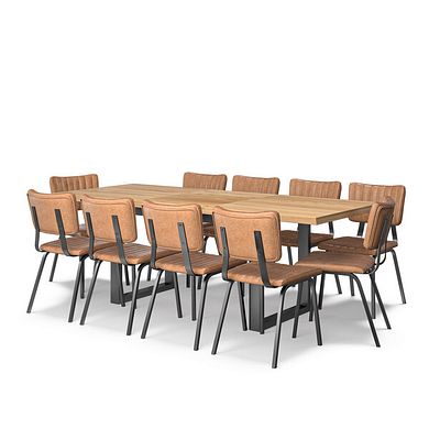 Maine Extending Dining Table 160-220cm + 10 Mason Chairs in Vintage Tan Leather-Look fabric with Black Legs