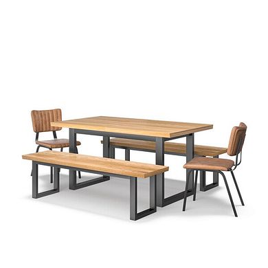 Maine Extending Dining Table 160-220cm + 2 Maine 160cm benches + 2 Mason Chairs in Vintage Tan Leather-Look fabric with Black Legs