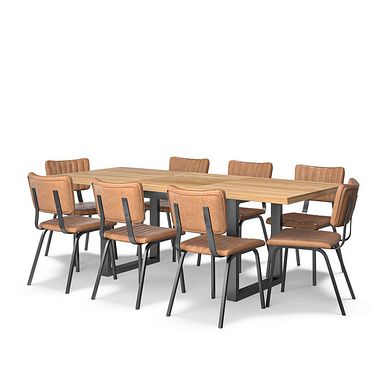 Maine Extending Dining Table 160-220cm + 8 Mason Chairs in Vintage Tan Leather-Look fabric with Black Legs