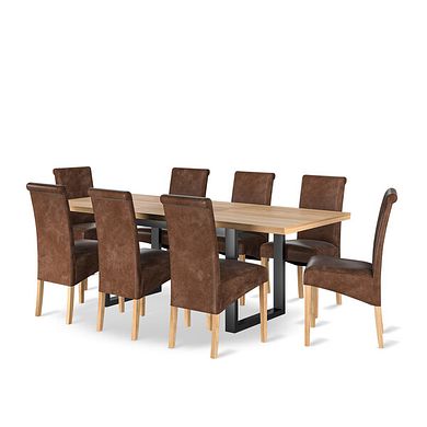 Maine Natural Oak & Metal Extending Dining Table and 8 Scroll Back Chairs in Vintage Brown Leather Look Fabric