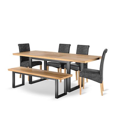 Maine Natural Oak & Metal Extending Dining Table with 1 Large Maine Bench and 4 Scroll Back Chairs in Vintage Black Leather Look Fabric