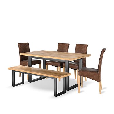 Maine Natural Oak & Metal Extending Dining Table with 1 Large Maine Bench and4 Scroll Back Chairs in Vintage Brown Leather Look Fabric 