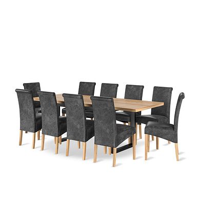 Maine Natural Oak & Metal Extending Dining Table with 10 Scroll Back Chairs in Vintage Black Leather Look Fabric